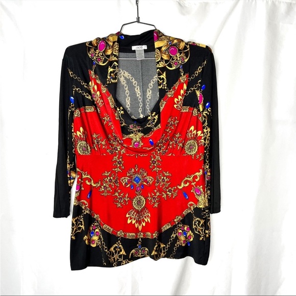 CACHÉ MULTICOLOUR TOP STRETCH OVERSIZED NECK  PLUNGING COLLAR WOMEN SIZE LARGE - Picture 4 of 6